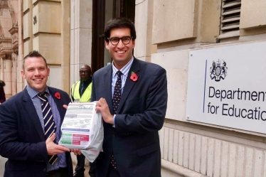 Ranil Jayawardena MP (right) and Revd Dr Chris Evans handing in their application at the Department for Education.